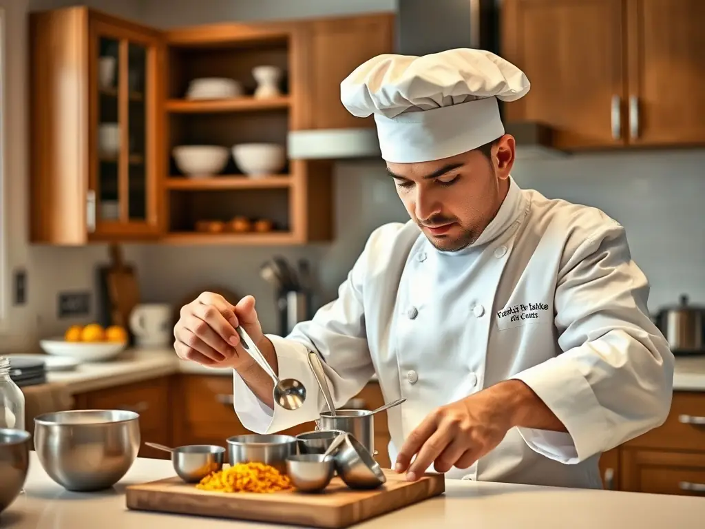 A close-up shot of a chef's hands carefully measuring ingredients for a recipe, emphasizing precision and attention to detail.